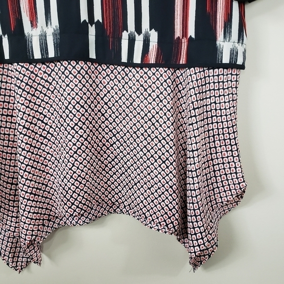 BCBGMaxAzria | Kacy Red Black Print Block Geometric Mixed Print Layered Blouse - Picture 8 of 9